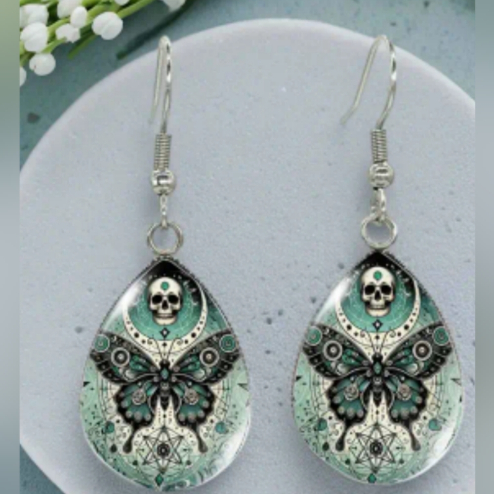 Whimsigoth Colorful Blue Green Butterfly Skull Crystal Glass Gift Earrings(#330)